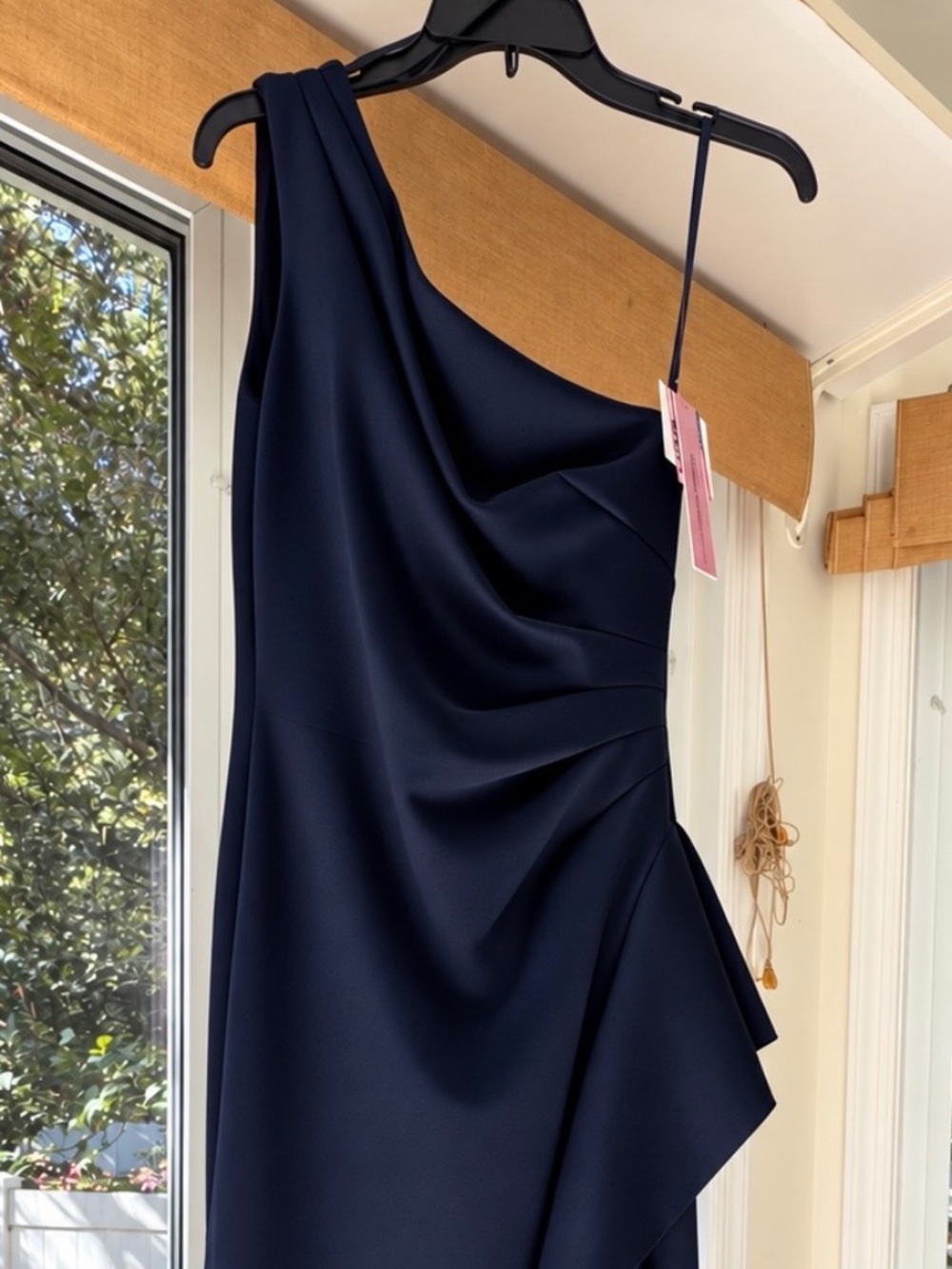 AQUA Navy Scuba Crepe Off-The-Shoulder Formal Gown